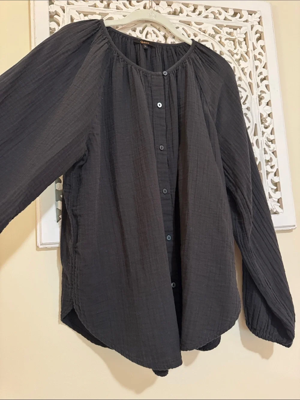 Quince Women’s Organic Cotton Black Button-Front Peasant Top - Picture 3 of 4